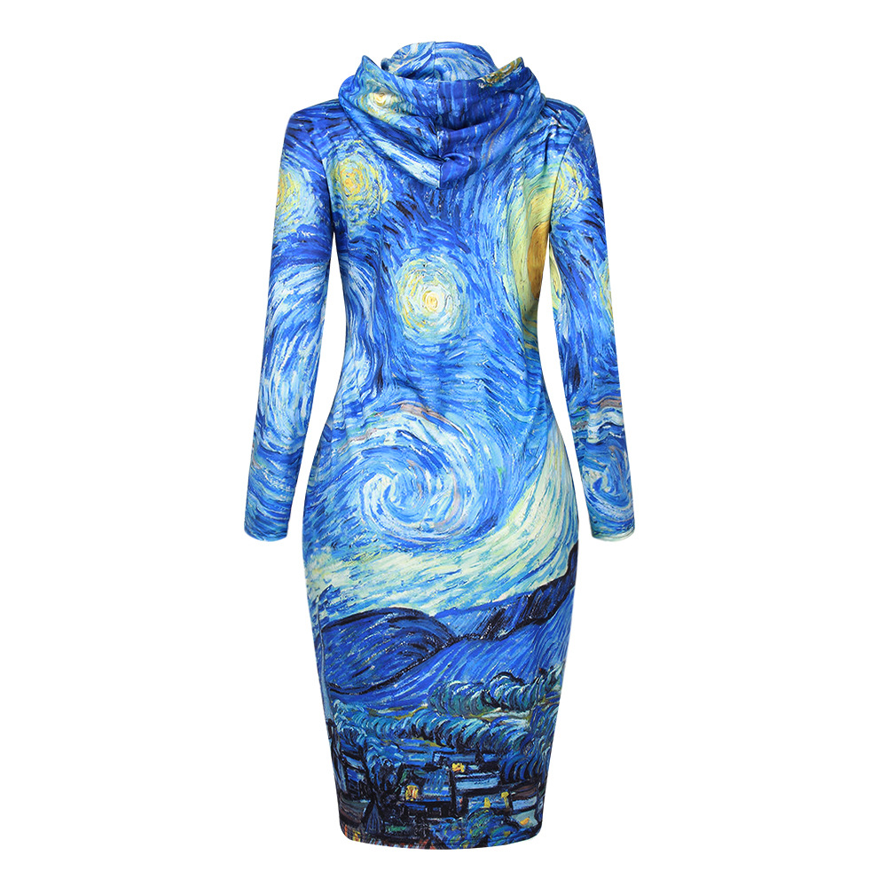 SZ60077 Blue Vortex Hooded Sweatshirt Dress Women Long Sleeve Hoodies Dress